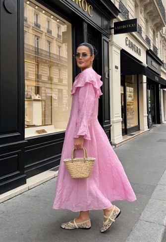 Romantik Pamuk Vual Astarlı Elbise –Pembe