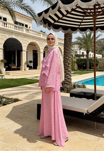 Volan Detaylı Etek Takım | Rahat Kalıp Tesettür Takım-Pembe