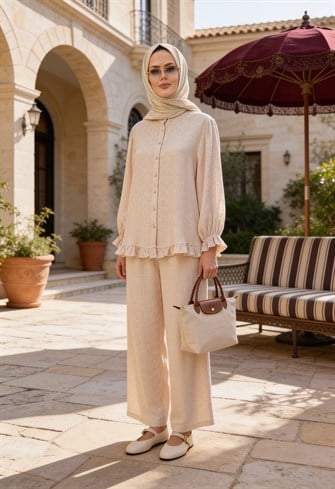 Lavin  Çilek Kumaş Fırfırlı Oversize Pantolonlu Takım-Bej