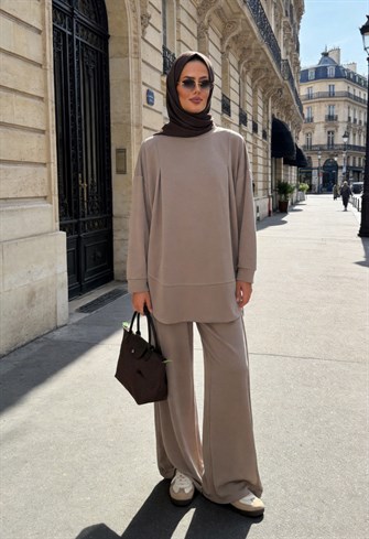 Pike Modal Oversize Pantolonlu Takım-Bej