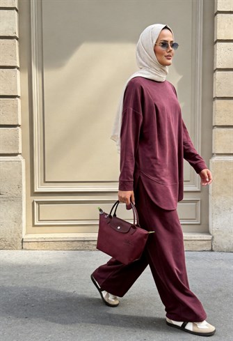 Pike Modal Oversize Pantolonlu Takım-Mürdüm