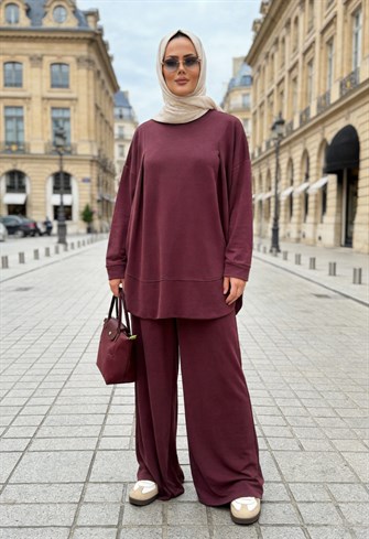 Pike Modal Oversize Pantolonlu Takım-Mürdüm