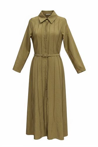 Lunera Pileli Kemerli Kupra Elbise – Yağyeşil