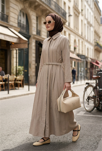 Lunera Pileli Kemerli Kupra Elbise – vizon