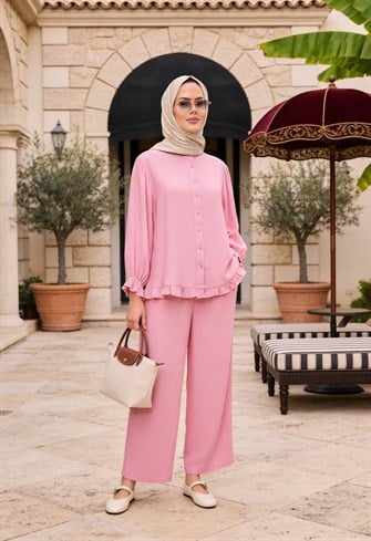 Lavin  Çilek Kumaş Fırfırlı Oversize Pantolonlu Takım-Pembe