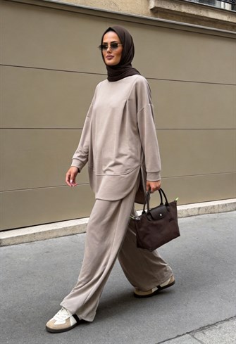 Pike Modal Oversize Pantolonlu Takım-Bej