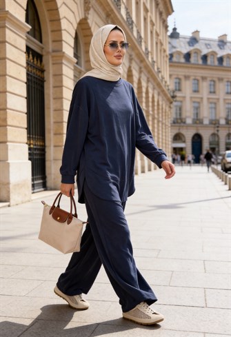 Pike Modal Oversize Pantolonlu Takım-Lacivert