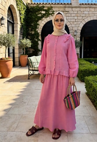 Mira Fırfır Detaylı 4 Kat Müslin Etekli Takım – Pembe