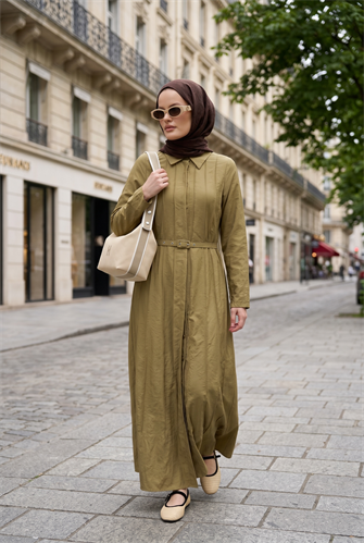 Lunera Pileli Kemerli Kupra Elbise – Yağyeşil