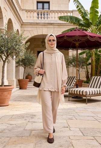 Lavin  Çilek Kumaş Fırfırlı Oversize Pantolonlu Takım-Bej