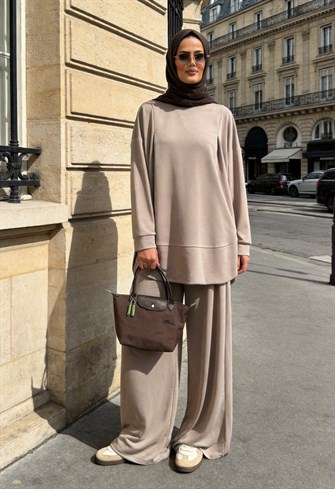 Pike Modal Oversize Pantolonlu Takım-Bej