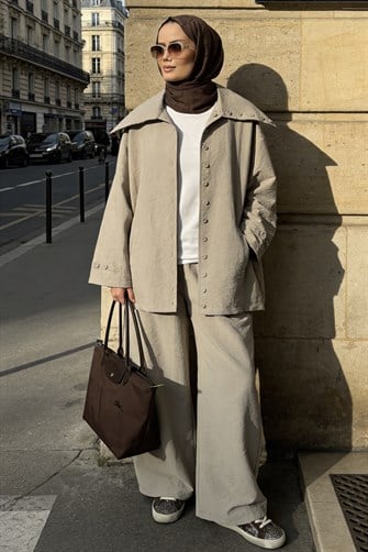 Massimo Kupra Kumaş Düğmeli Gömlekli Palazzo Pantolon Takım/Vizon