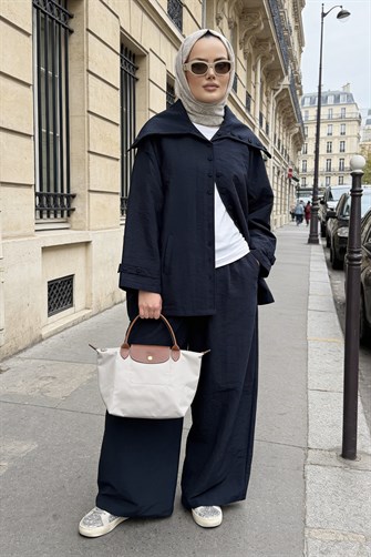 Massimo Kupra Kumaş Düğmeli Gömlekli Palazzo Pantolon Takım/Lacivert