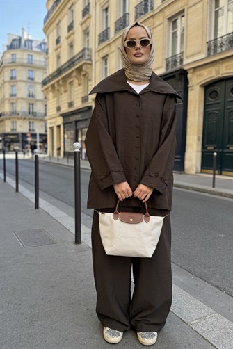 Massimo Kupra Kumaş Düğmeli Gömlekli Palazzo Pantolon Takım/Kahve