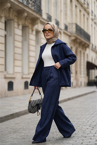 Massimo Model Kupra Kumaş Düğmeli Gömlek-Ceket Palazzo Pantolon Takım/Lacivert