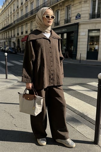 Massimo Kupra Kumaş Düğmeli Gömlekli Palazzo Pantolon Takım/Kahve