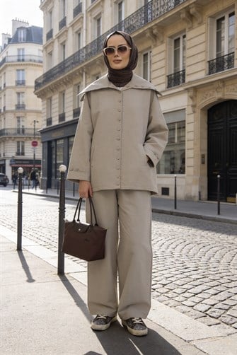 Massimo Kupra Kumaş Düğmeli Gömlekli Palazzo Pantolon Takım/Vizon