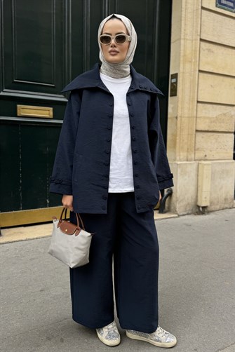 Massimo Kupra Kumaş Düğmeli Gömlekli Palazzo Pantolon Takım/Lacivert