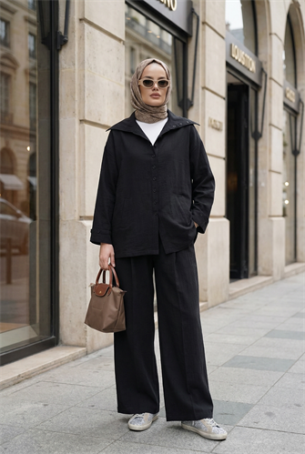 Massimo Model Kupra Kumaş Düğmeli Gömlek-Ceket Palazzo Pantolon Takım/Siyah