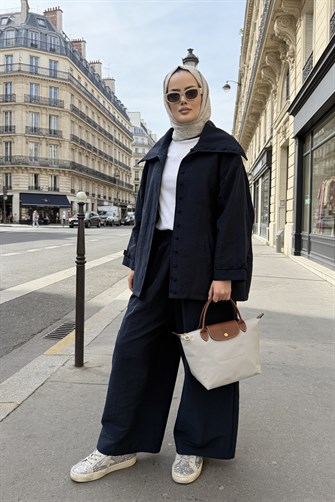 Massimo Kupra Kumaş Düğmeli Gömlekli Palazzo Pantolon Takım/Lacivert