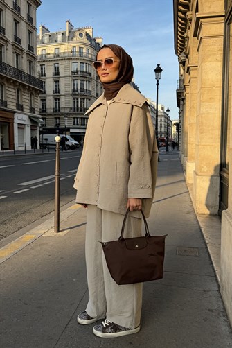 Massimo Kupra Kumaş Düğmeli Gömlekli Palazzo Pantolon Takım/Vizon