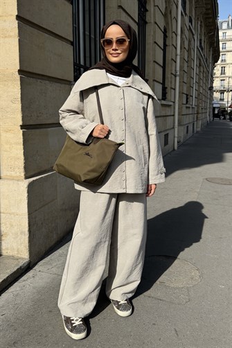 Massimo Kupra Kumaş Düğmeli Gömlekli Palazzo Pantolon Takım/Vizon