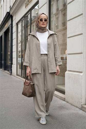 Massimo Model Kupra Kumaş Düğmeli Gömlek-Ceket Palazzo Pantolon Takım/Vizon