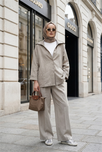 Massimo Model Kupra Kumaş Düğmeli Gömlek-Ceket Palazzo Pantolon Takım/Vizon