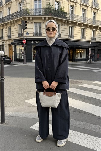 Massimo Kupra Kumaş Düğmeli Gömlekli Palazzo Pantolon Takım/Siyah