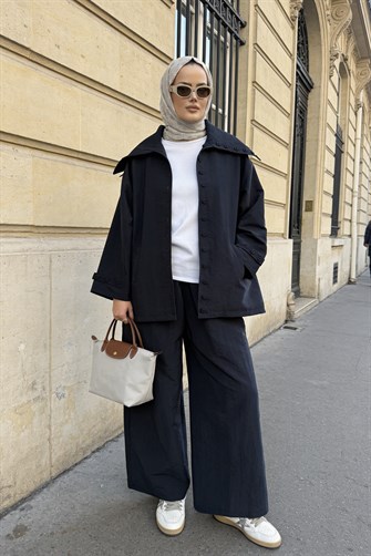 Massimo Kupra Kumaş Düğmeli Gömlekli Palazzo Pantolon Takım/Lacivert