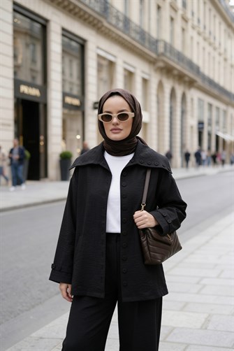 Massimo Kupra Kumaş Düğmeli Gömlekli Palazzo Pantolon Takım/Siyah