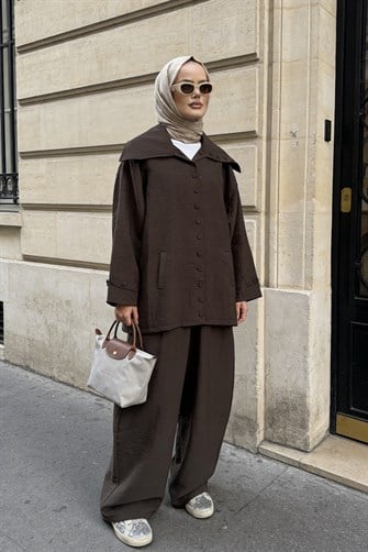 Massimo Kupra Kumaş Düğmeli Gömlekli Palazzo Pantolon Takım/Kahve