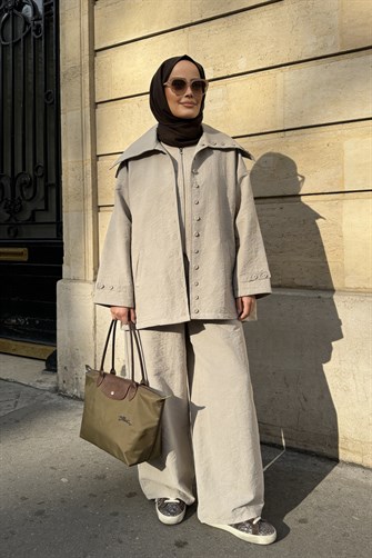 Massimo Kupra Kumaş Düğmeli Gömlekli Palazzo Pantolon Takım/Vizon