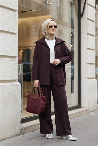 Massimo Model Kupra Kumaş Düğmeli Gömlek-Ceket Palazzo Pantolon Takım/Bordo