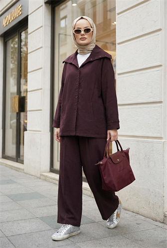 Massimo Model Kupra Kumaş Düğmeli Gömlek-Ceket Palazzo Pantolon Takım/Bordo