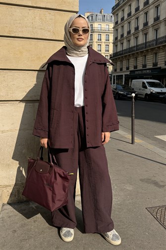 Massimo Kupra Kumaş Düğmeli Gömlekli Palazzo Pantolon Takım/Bordo