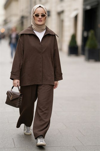 Massimo Kupra Kumaş Düğmeli Gömlekli Palazzo Pantolon Takım/Kahve