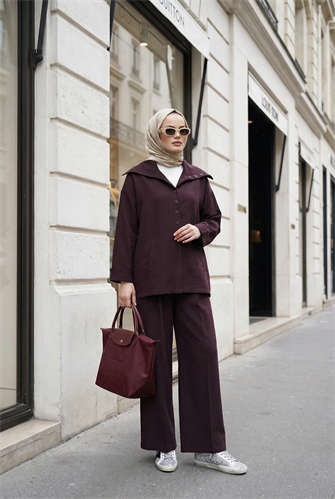 Massimo Model Kupra Kumaş Düğmeli Gömlek-Ceket Palazzo Pantolon Takım/Bordo