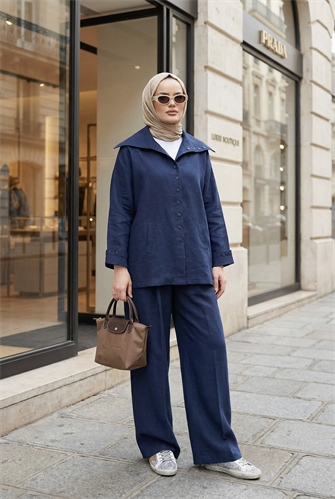 Massimo Model Kupra Kumaş Düğmeli Gömlek-Ceket Palazzo Pantolon Takım/Lacivert