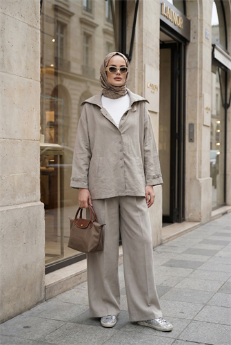 Massimo Model Kupra Kumaş Düğmeli Gömlek-Ceket Palazzo Pantolon Takım/Vizon