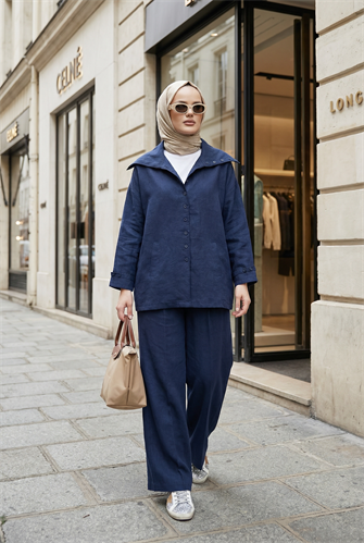Massimo Model Kupra Kumaş Düğmeli Gömlek-Ceket Palazzo Pantolon Takım/Lacivert