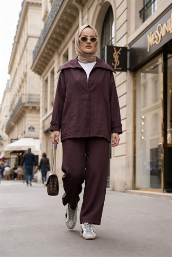 Massimo Kupra Kumaş Düğmeli Gömlekli Palazzo Pantolon Takım/Bordo