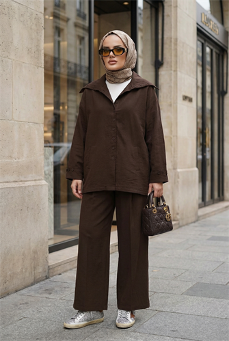 Massimo Model Kupra Kumaş Düğmeli Gömlek-Ceket Palazzo Pantolon Takım/Acıkahve