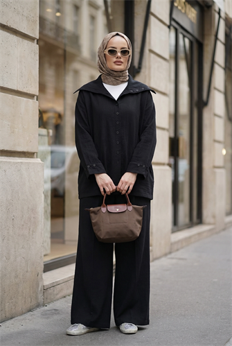 Massimo Model Kupra Kumaş Düğmeli Gömlek-Ceket Palazzo Pantolon Takım/Siyah