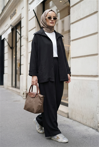 Massimo Model Kupra Kumaş Düğmeli Gömlek-Ceket Palazzo Pantolon Takım/Siyah