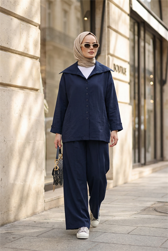 Massimo Model Kupra Kumaş Düğmeli Gömlek-Ceket Palazzo Pantolon Takım/Lacivert