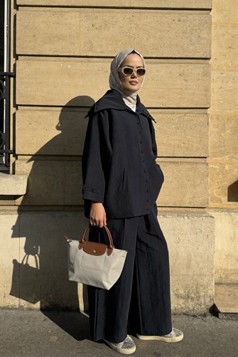 Massimo Kupra Kumaş Düğmeli Gömlekli Palazzo Pantolon Takım/Siyah