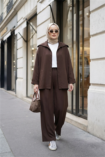 Massimo Model Kupra Kumaş Düğmeli Gömlek-Ceket Palazzo Pantolon Takım/Acıkahve