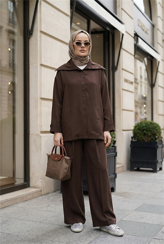 Massimo Model Kupra Kumaş Düğmeli Gömlek-Ceket Palazzo Pantolon Takım/Acıkahve