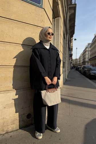 Massimo Kupra Kumaş Düğmeli Gömlekli Palazzo Pantolon Takım/Siyah